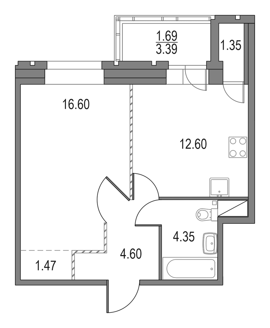 1-комнатная квартира 39.62 м², 15/19 эт., ЖК «Приморский квартал»